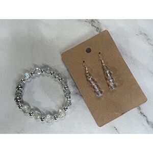 handmade beaded dainty dangle earrings and bracelet set clear faceted and silver